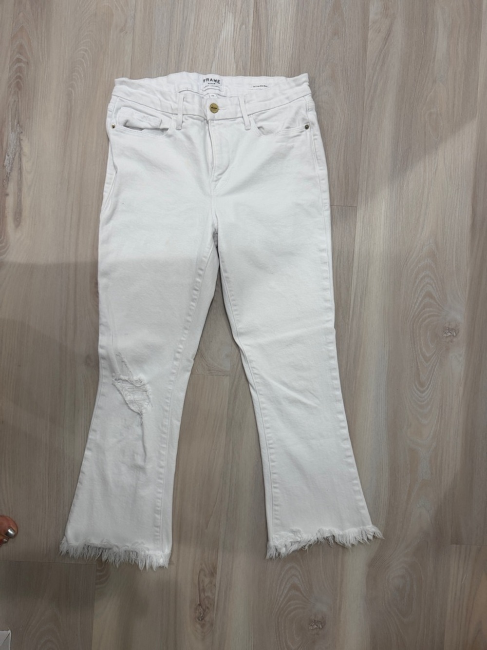 Frame Denim White Frayed-Hem Wide-Leg Jeans